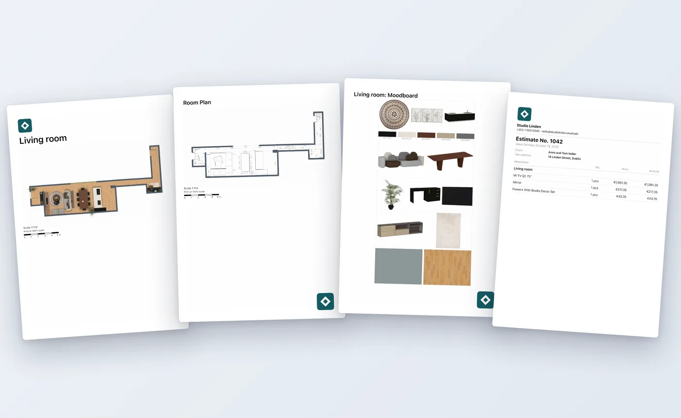 Páginas de un PDF para clientes: la portada con el logotipo del estudio y el plano, el plano de la habitación con dimensiones, el panel de inspiración y el presupuesto