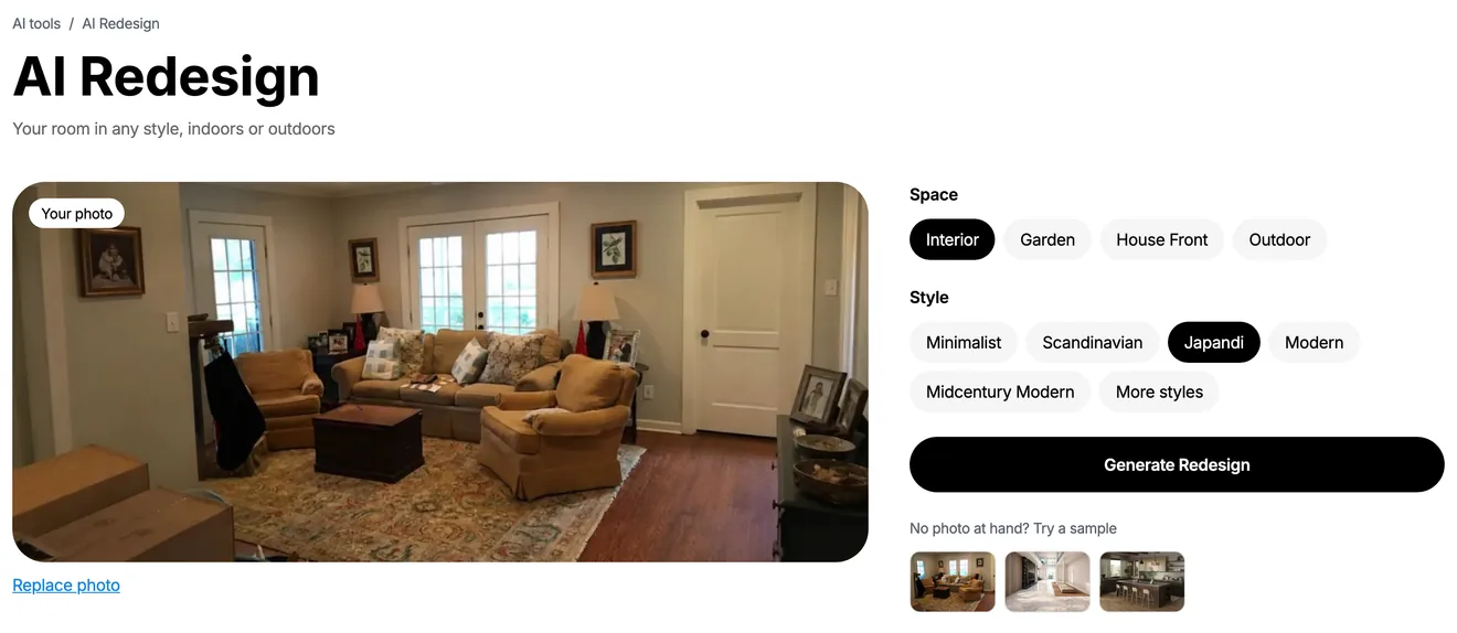 AI Redesign on the Home Planner website: a living room photo, the Interior space and the Japandi style chosen
