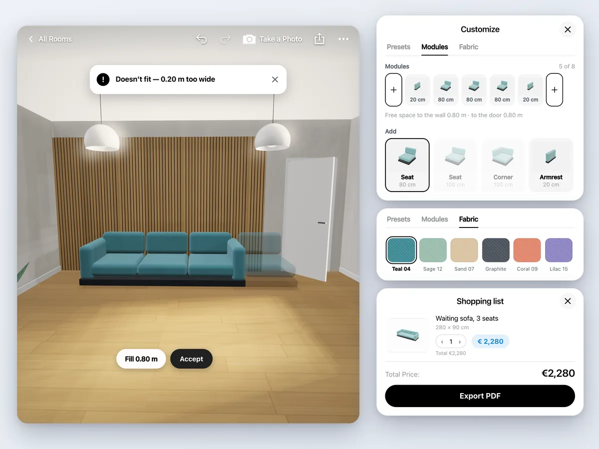 De configurator: modules en afwerkingen, de passtatus, de prijs en de artikellijst