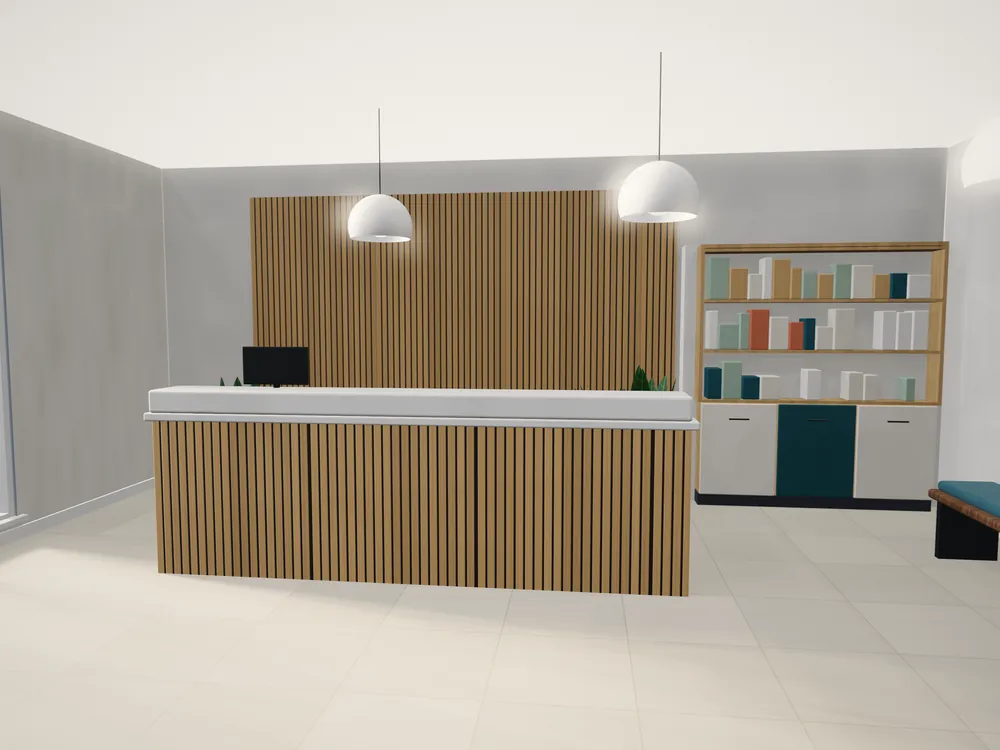 Een ontvangstruimte met maatwerkinterieur in 3D ontworpen
