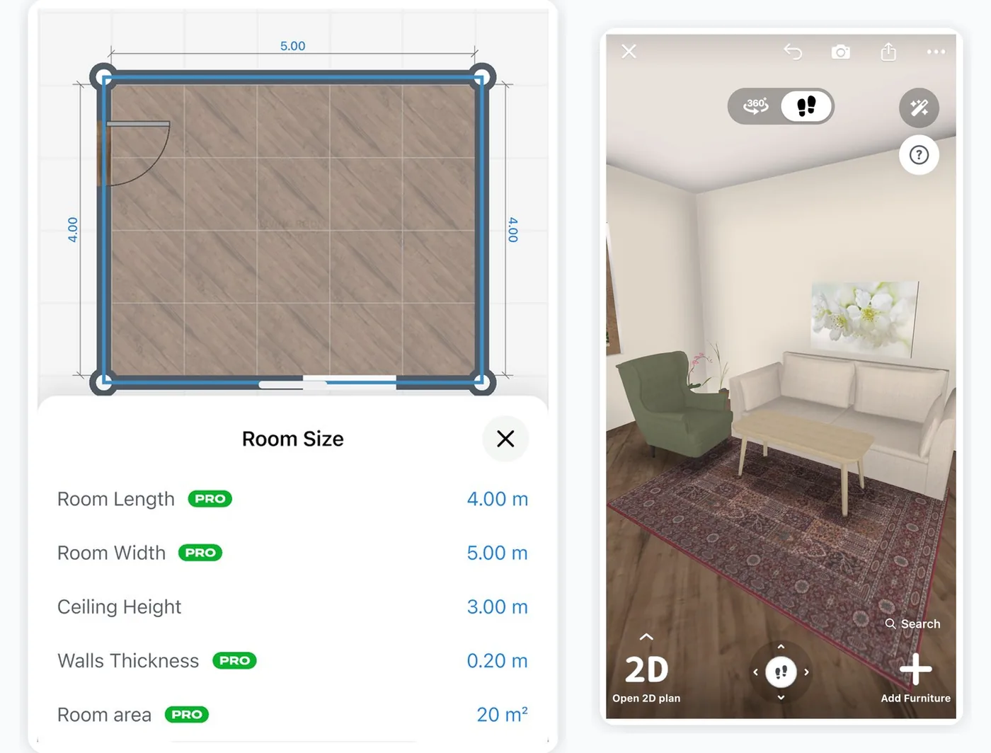 Home Planner: a 2D room plan with its dimensions, and the same room furnished in 3D on a phone.