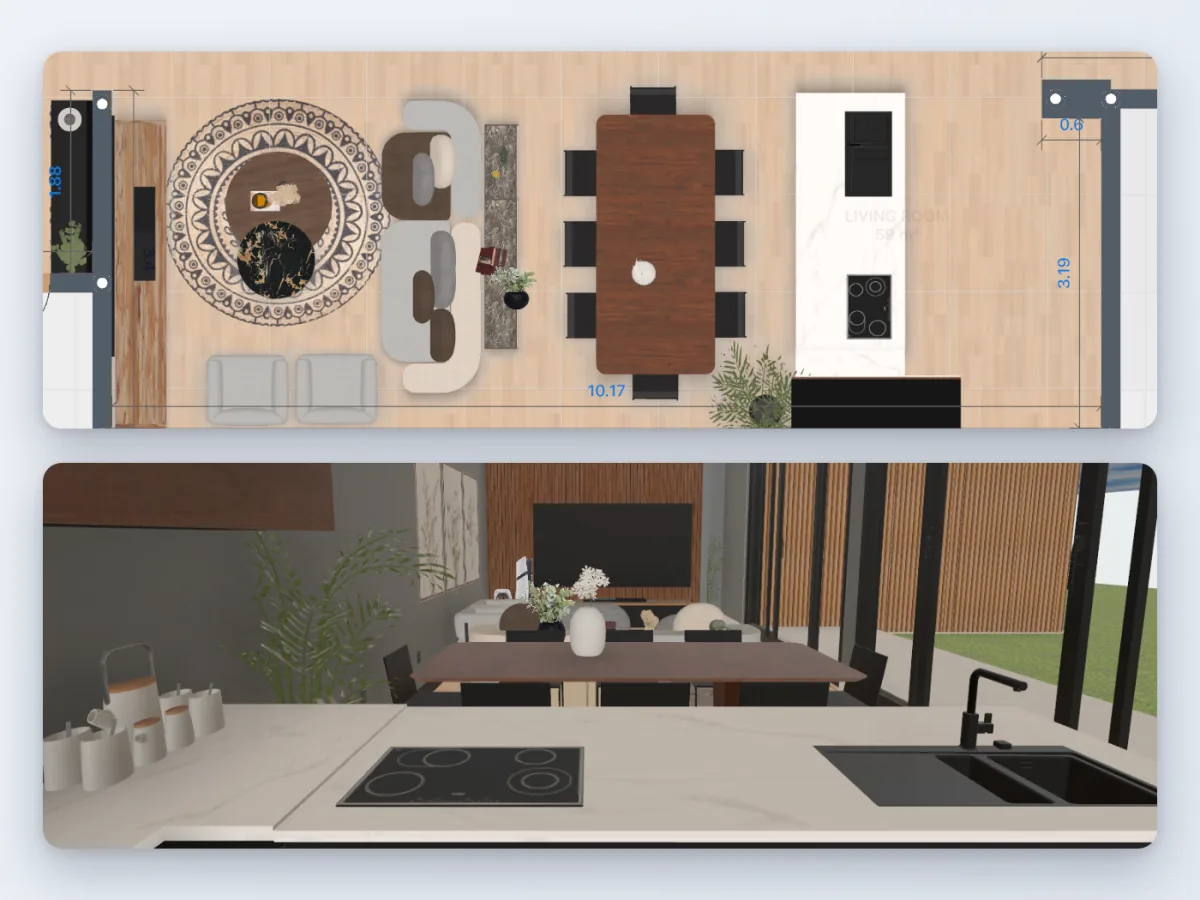 The same room as a floor plan and in 3D