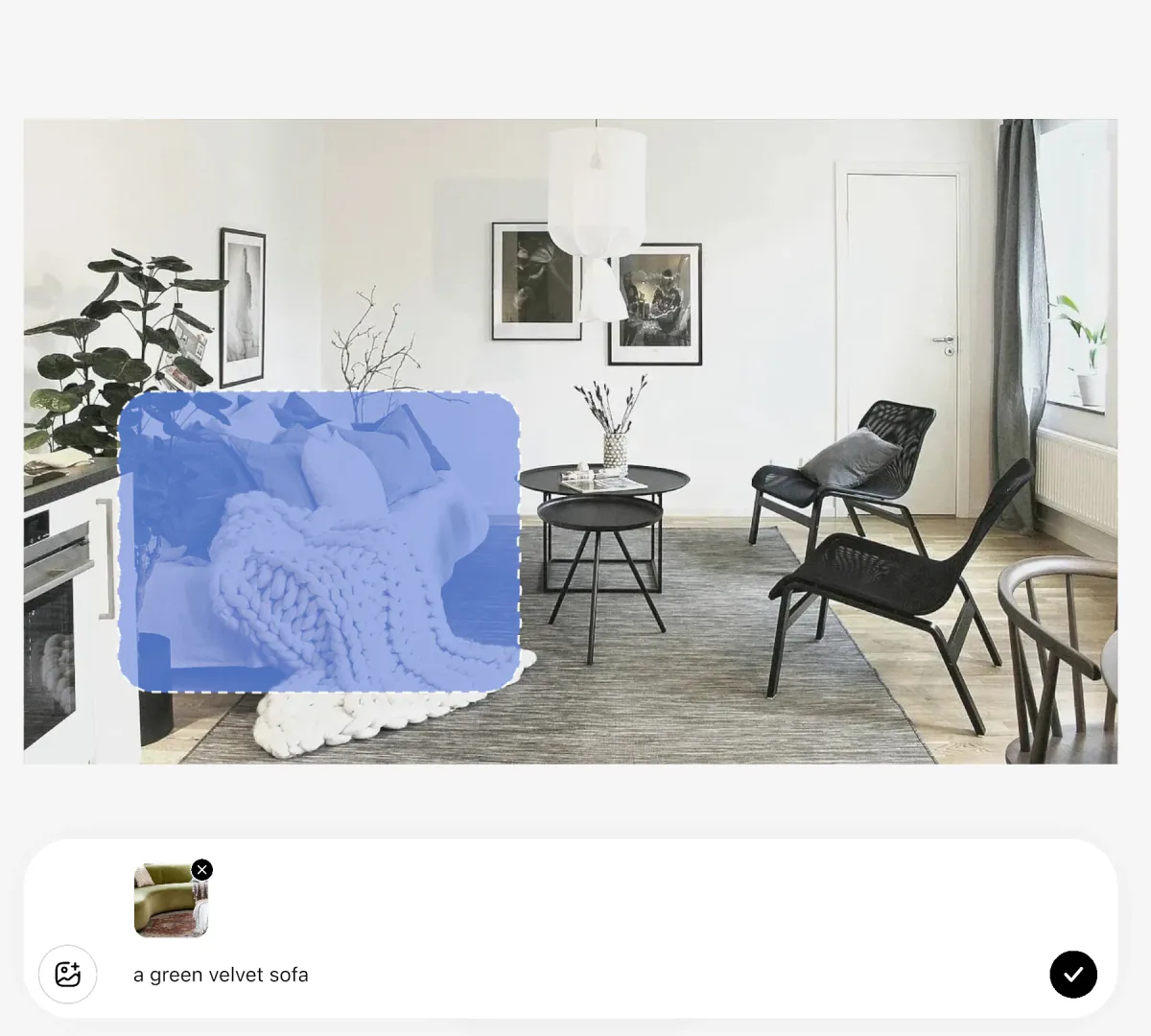 The AI redesign editor: the sofa brushed, the prompt “a green velvet sofa” and one reference photo