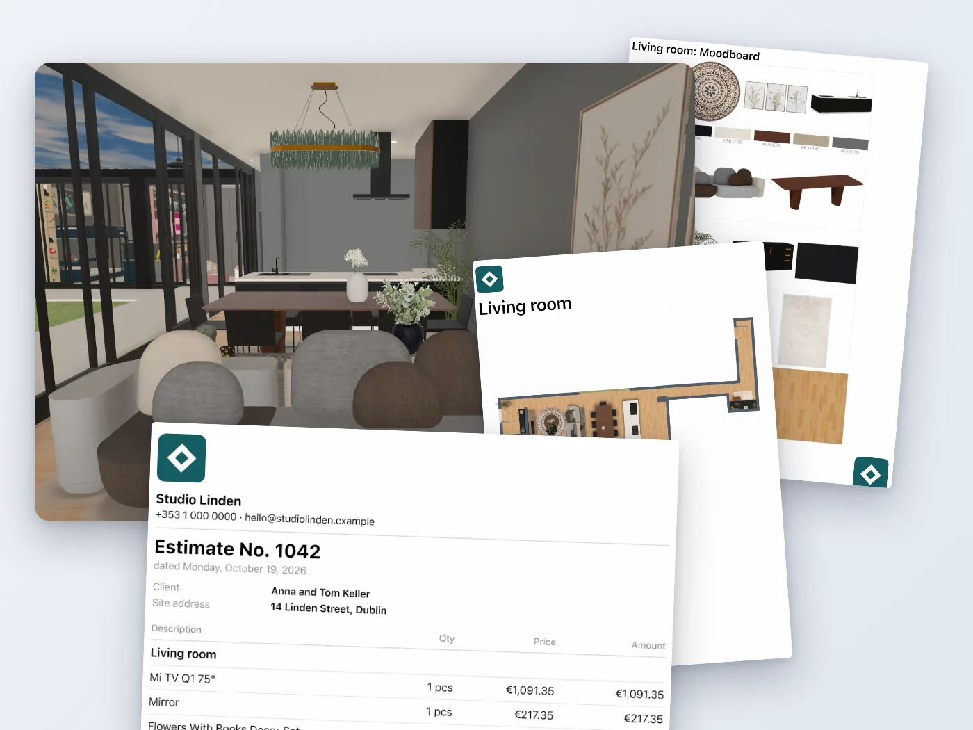 The living room in 3D with the client PDF pages around it: mood board, room plan and the numbered estimate