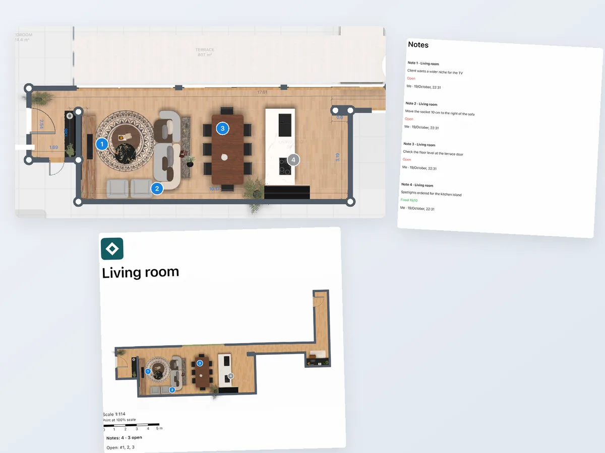 Floor plan with numbered notes, one marked Fixed, next to the Notes page of the PDF