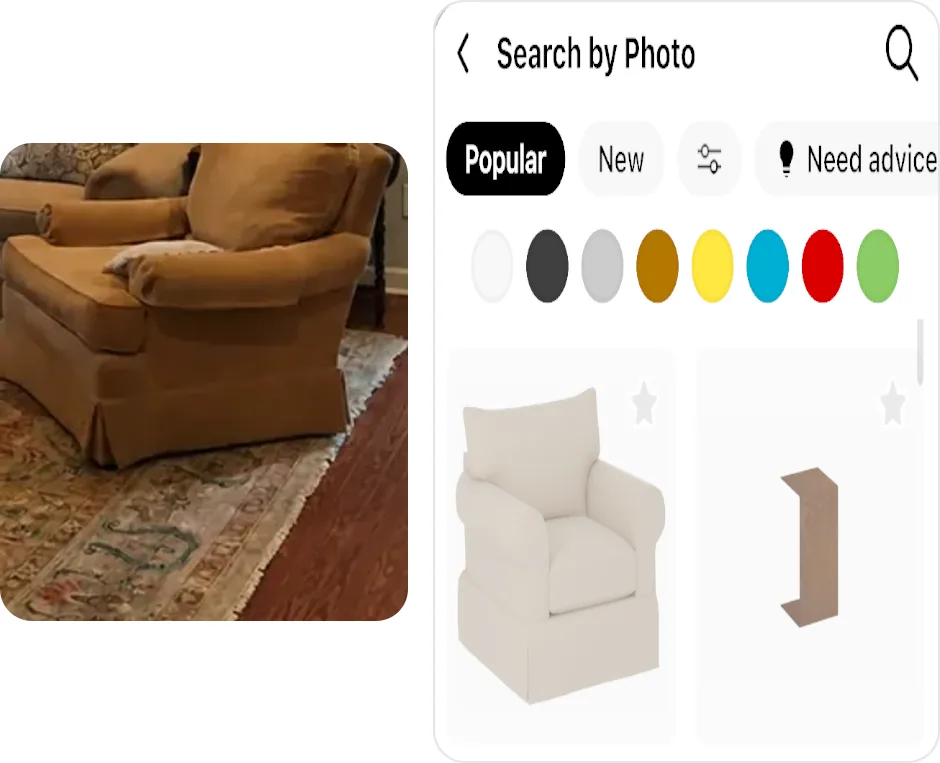 A photo of an armchair next to Home Planner Search by Photo results, led by a similar armchair from the catalog