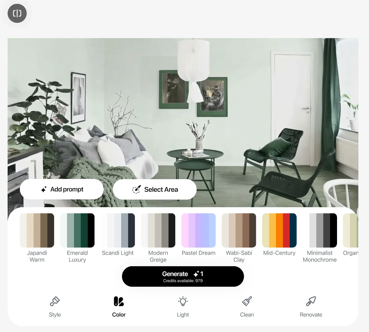 AI-generated image: the living room recolored with the Sage Harmony palette