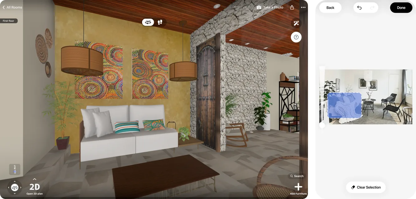 Home Planner on a Mac with a furnished living room in the 3D editor, and the AI redesign editor on iPhone with the brush selecting the sofa
