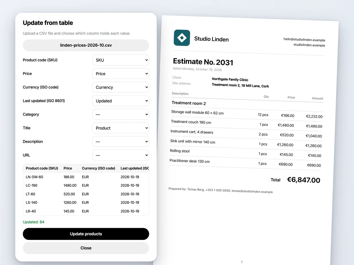 De prijsupdate in het bedrijfspaneel vanuit een tabel met kolomkoppeling, en de gespecificeerde offertepagina