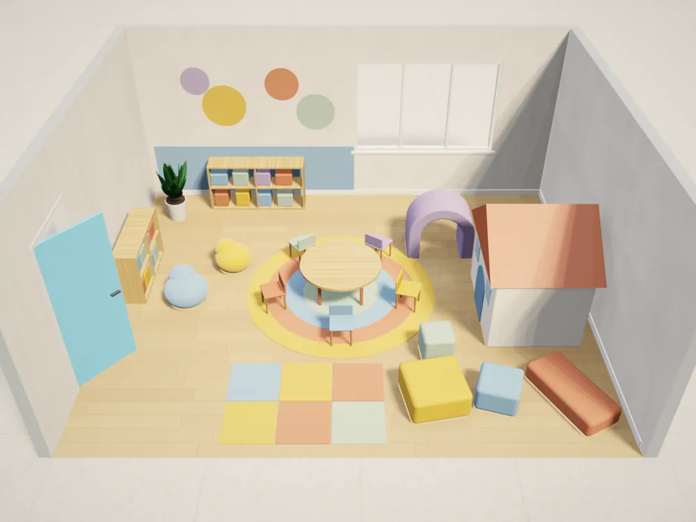 Een speelruimte in 3D ontworpen met voorbeeldproducten