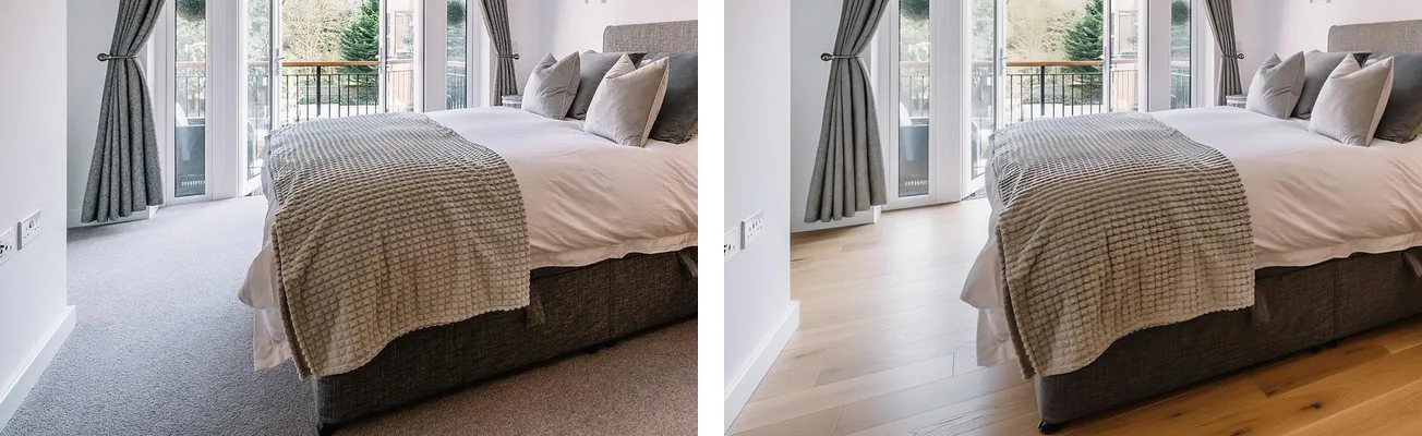 AI-generated image: a bedroom with a grey carpet, next to the same bedroom with a white oak floor