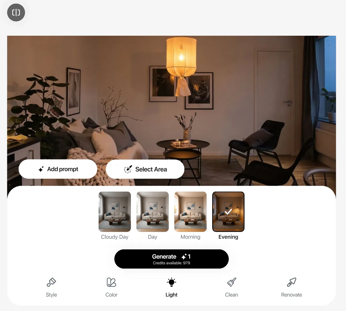 AI-generated image: the living room in evening light