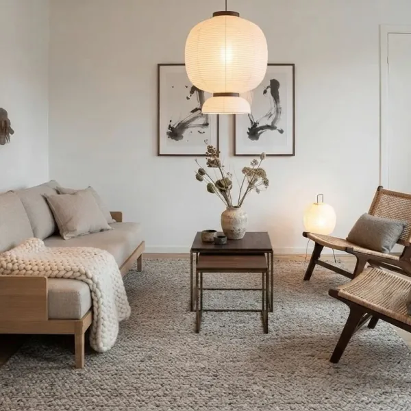 AI-generated image: the same living room in the Japandi style