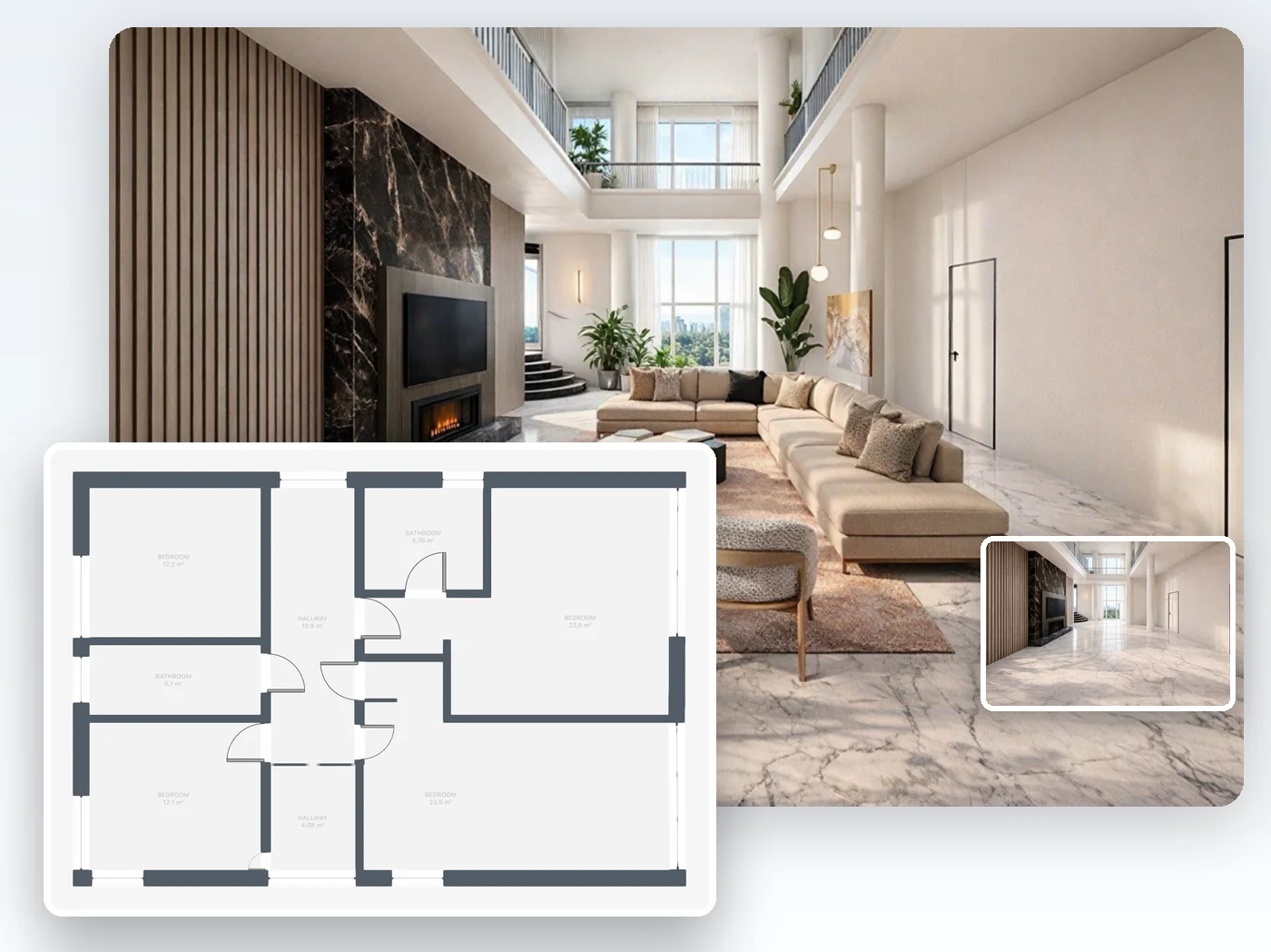 ห้องนั่งเล่นที่ตกแต่งด้วย AI จากภาพถ่ายห้องว่าง (ภาพที่สร้างโดย AI) และด้านหน้าเป็นแปลนพื้นอสังหาริมทรัพย์ของคอนโดมิเนียมสี่ห้องนอนพร้อมชื่อและพื้นที่ห้อง