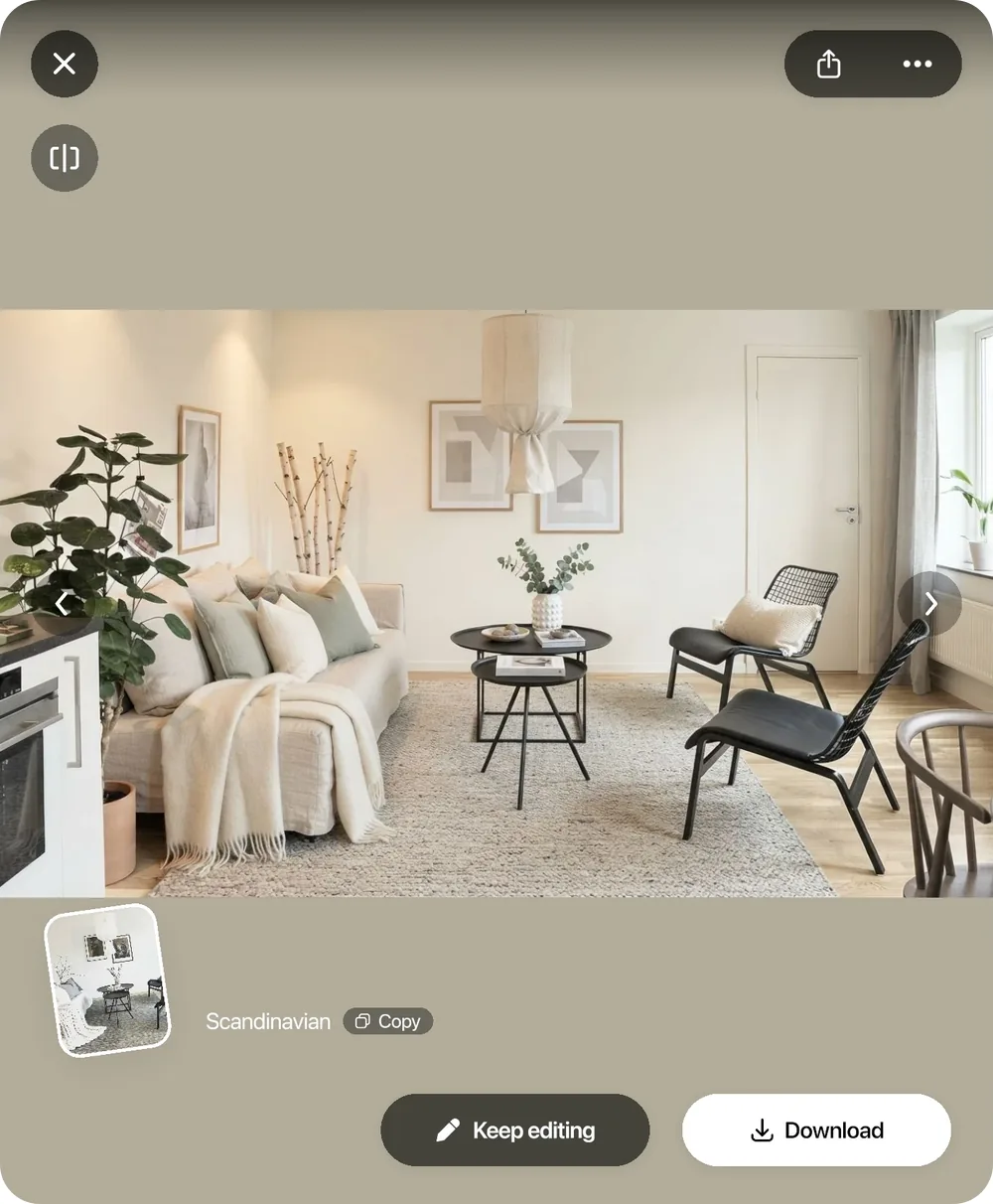 AI-generated image: the Home Planner AI design details window with a Scandinavian redesign of the living room and arrows to the other versions