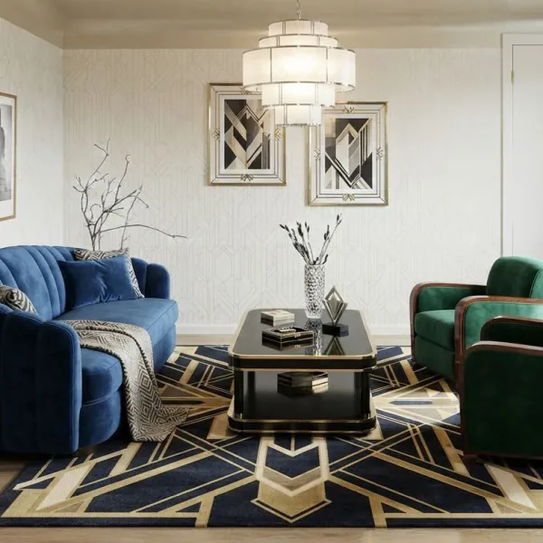 AI-generated image: the same living room in the Art Deco style
