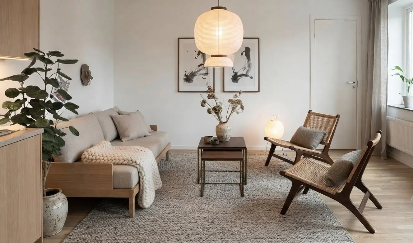 AI-generated image: the same living room in the Japandi style