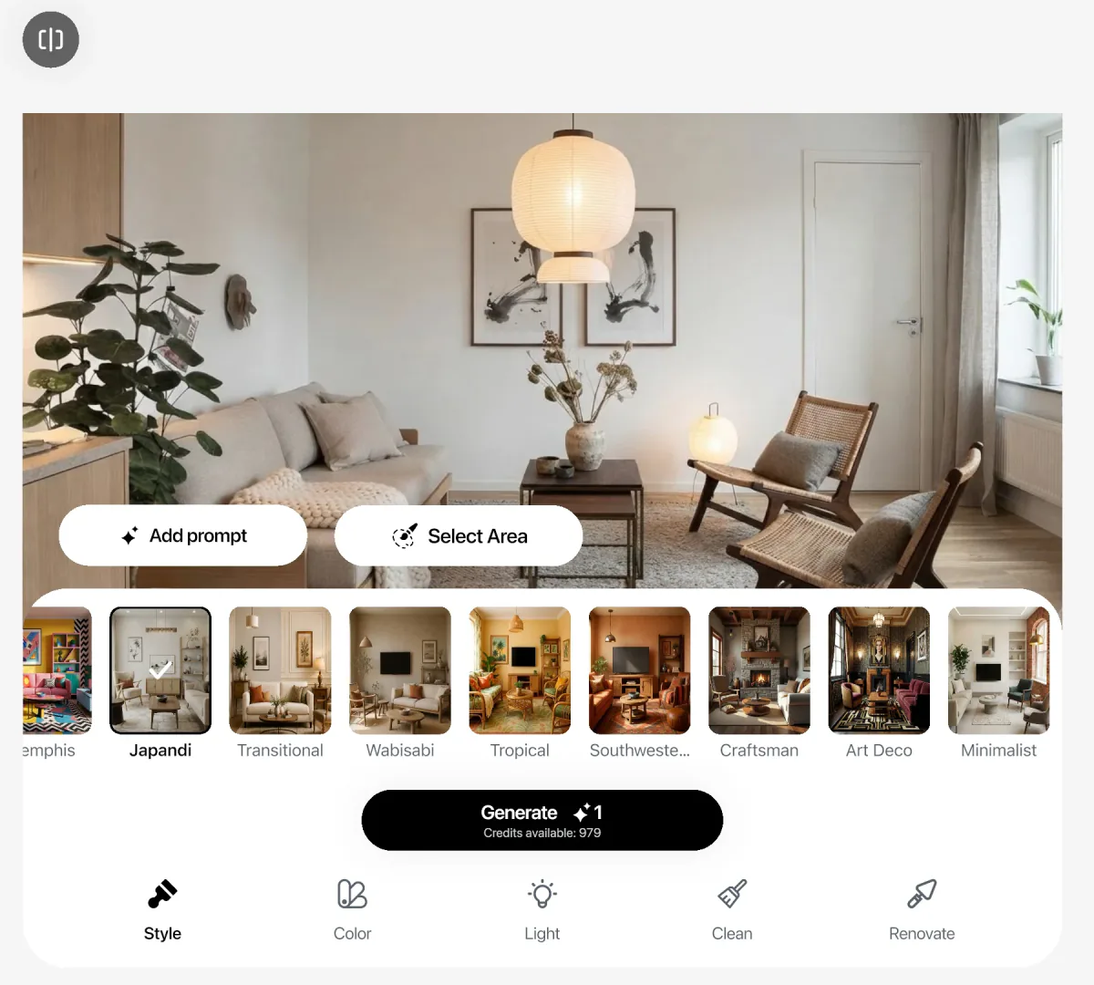 AI-generated image: the AI redesign editor with the style panel open and Japandi on the photo