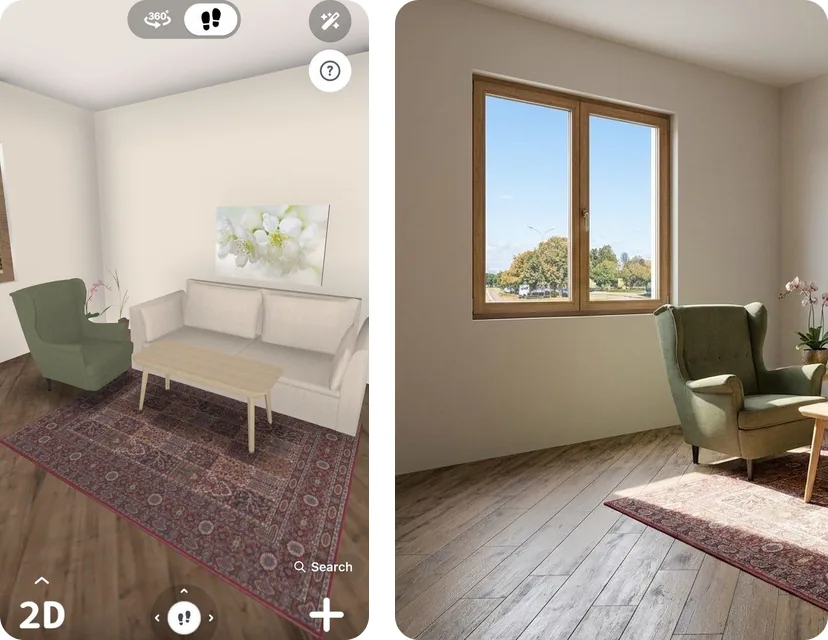 AI-generated image: the same living room in the Home Planner 3D view and as a photo-realistic AI Photo