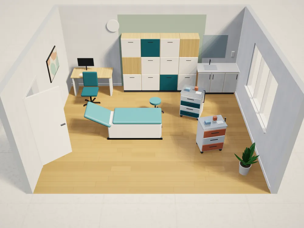 Een praktijkruimte met opbergkasten en trolleys in 3D ontworpen