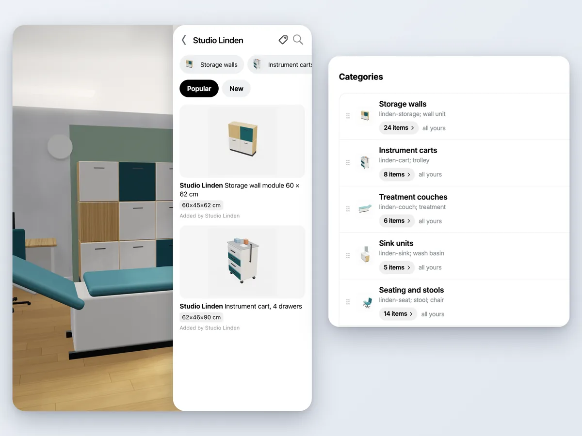 De app-catalogus met de eigen categorieën en producten van het bedrijf, en het scherm 'Categorieën' in het bedrijfspaneel
