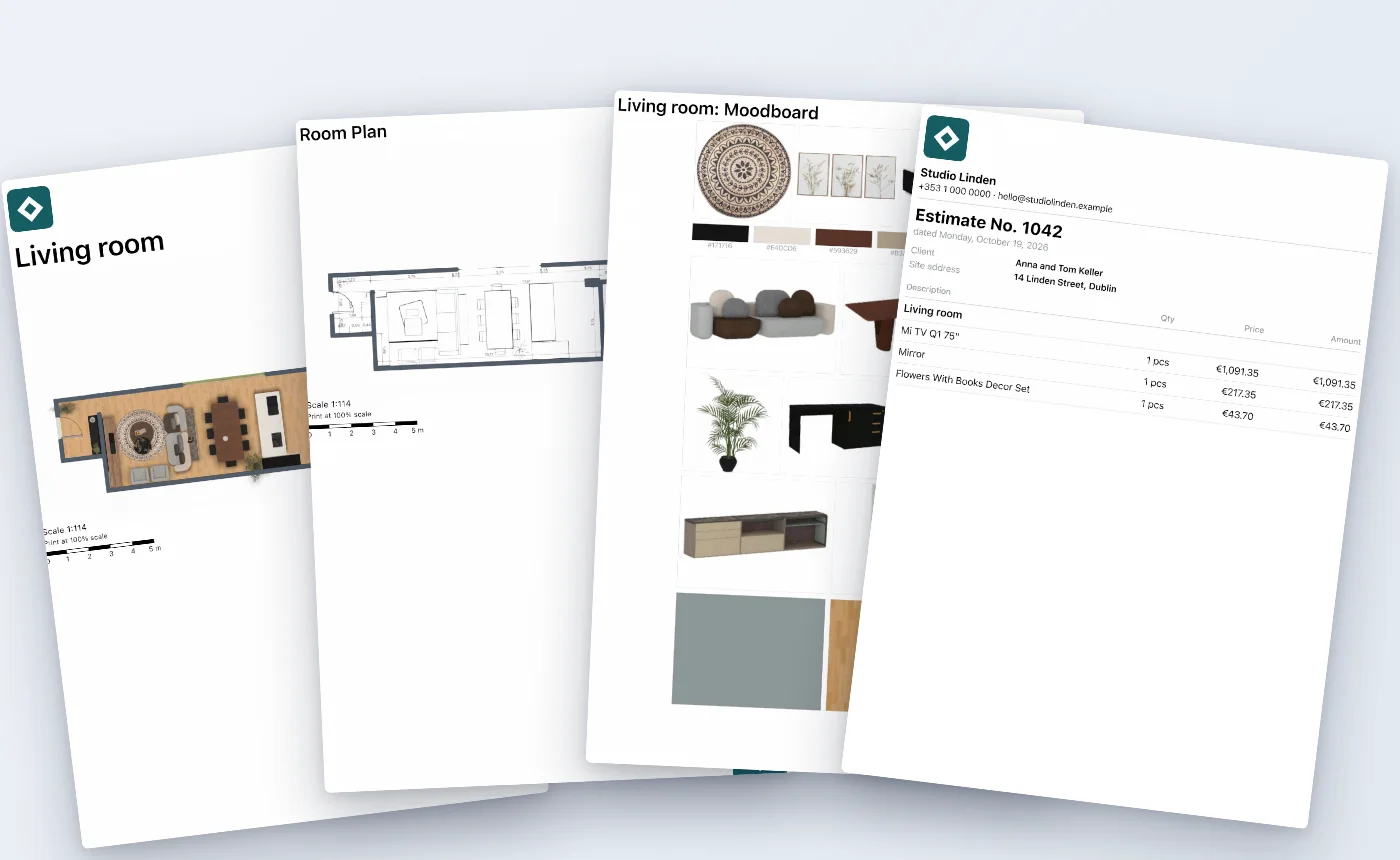 Pages of one client PDF: the cover with the studio logo and plan, the room plan with dimensions, the mood board and the estimate