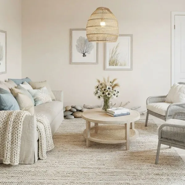 AI-generated image: the same living room in the Coastal style