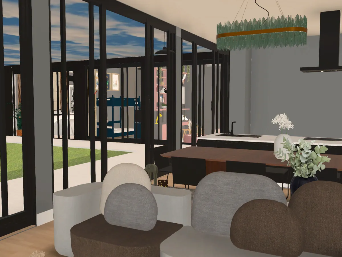 The same room rendered in daylight and in evening light