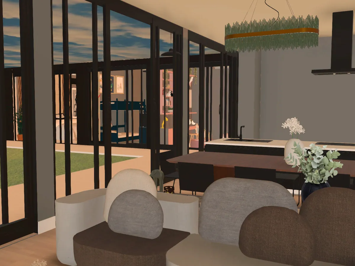 The same room rendered in daylight and in evening light