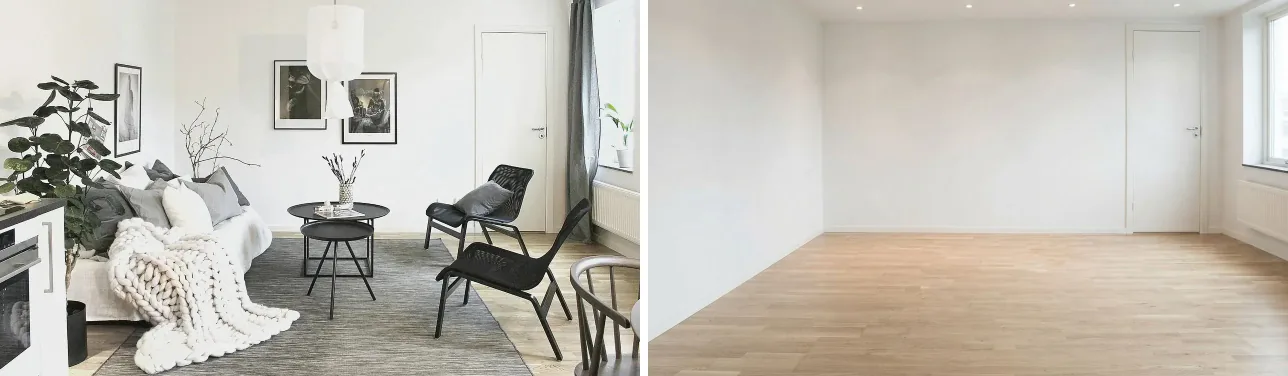 AI-generated image: the living room emptied, next to the photo