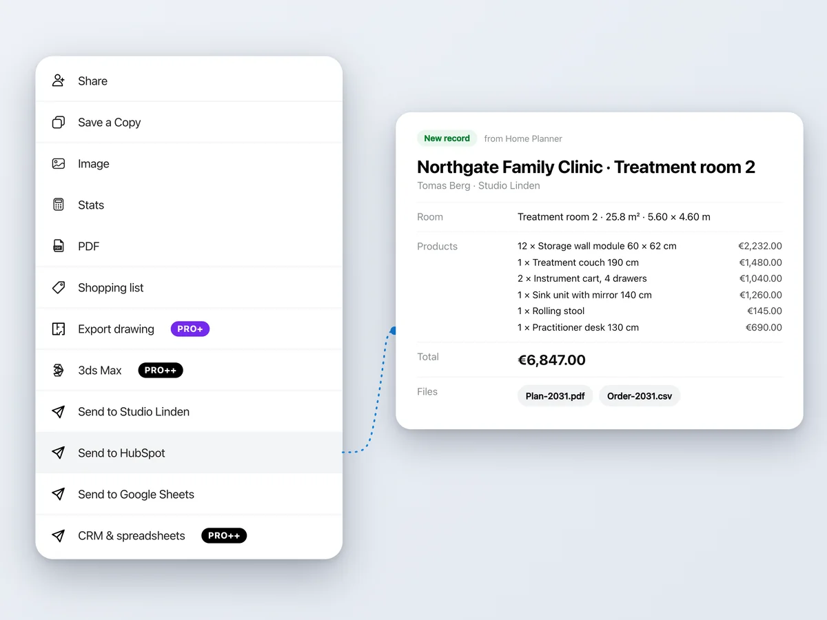 Het menu 'Delen' met de opties voor 'Versturen naar CRM'